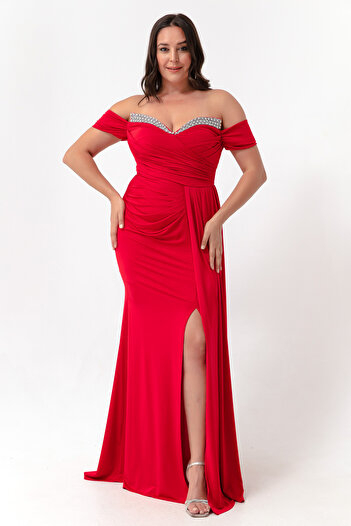 Lafaba Women's Red Collar and Tailed Long Evening Dress
