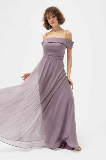 Lafaba Women's Lavender Thin Strap Boat Neck Silvery Long Evening Dress
