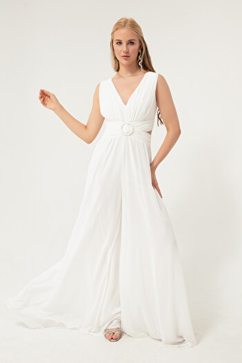 Lafaba Damen-Overall aus Chiffon mit tiefem Ausschnitt und weißer Taille