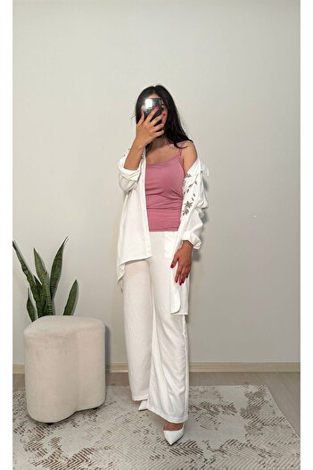 Butik Linen Casual Suit White - Sequin and Embroidery Embroidered Triple Set