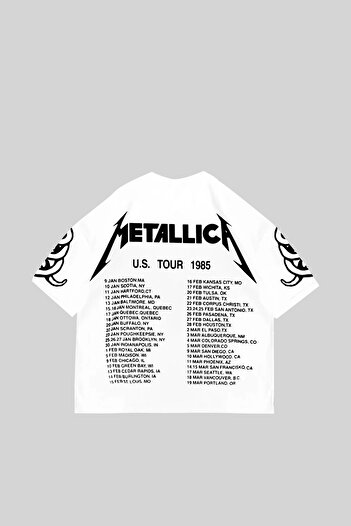Sekizbiraltı Metallica Tour 1985 Printed Unisex Oversize Λευκό Tshirt