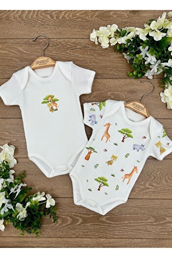 PATSAN 2'li Pamuklu Kısa Kollu Çıtçıtlı Bebek Body Zıbın Takımı Amazon Zürafa Leopar Gergedan