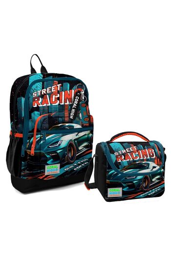 Coral High Boy's School Backpack and Lunch Set - 4 Compartments, Black Nefti Race Car