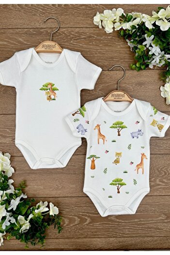 PATSAN 2'li Pamuklu Kısa Kollu Çıtçıtlı Bebek Body Zıbın Takımı Amazon Zürafa Leopar Gergedan