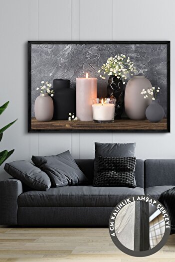 Evinemoda Mum Vazo Çiçekler Tek Parça Siyah Ahşap Çerçeveli Kanvas - Canvas Tablo