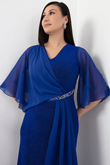PULLIMM Stone Detailed V-Neck Chiffon Evening Dress - AP-075
