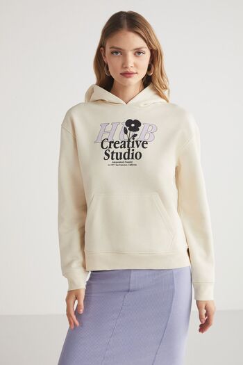 GRIMELANGE Letıcıa Women's Ecru Hooded Sweatshirt - 100% Cotton, Front Printed