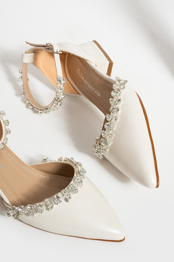 Tilda 3 cm White Skin Heeled Classic Ballerina Women's Shoes with Ankle Strap and Stones