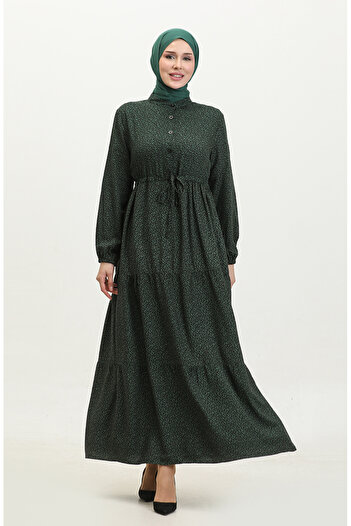 sefamerve Gathered Waist Viscose Dress 0374-01 Dark Green