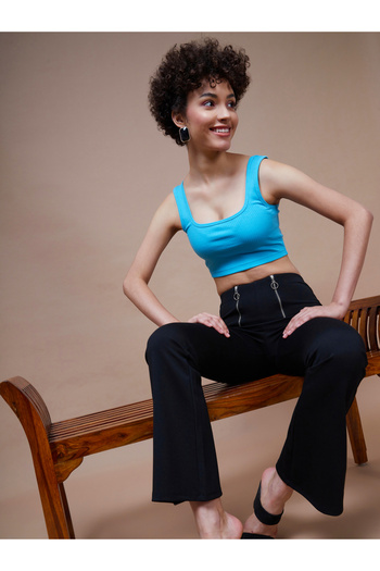Sassafras By Styli High Rise Front Dual Zip Detail Bell Bottom Pants
