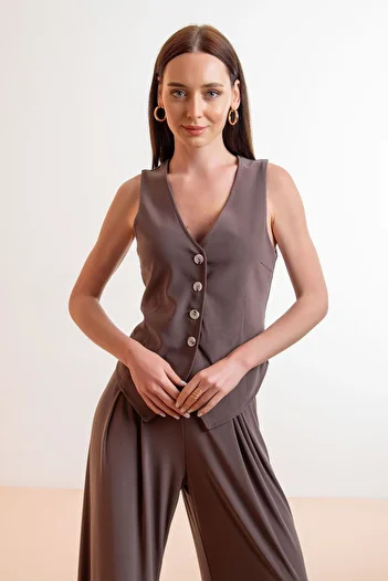 Laranor Asymmetrical Design - Milky Brown V-Neck Classic Vest