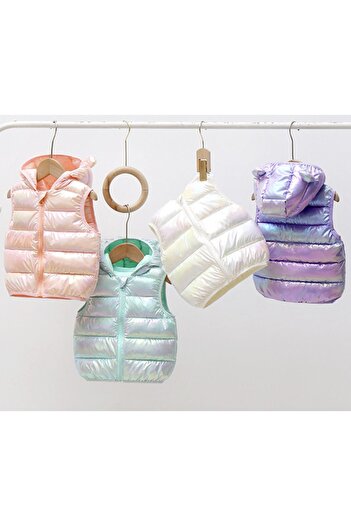 Petityu Shiny Puffy Teddy Eared Pufudik Inflatable Vest Purple Girls' Vest