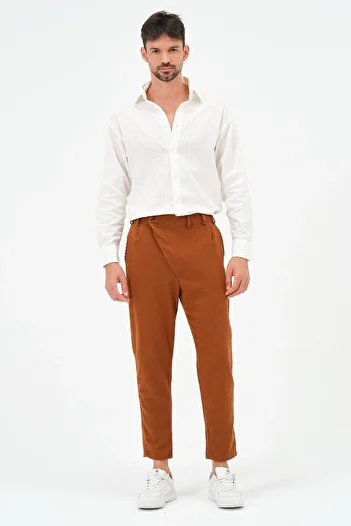 RELAXL Men's Brown 100% Cotton Tough Fabric Linen Pleated Office Pants