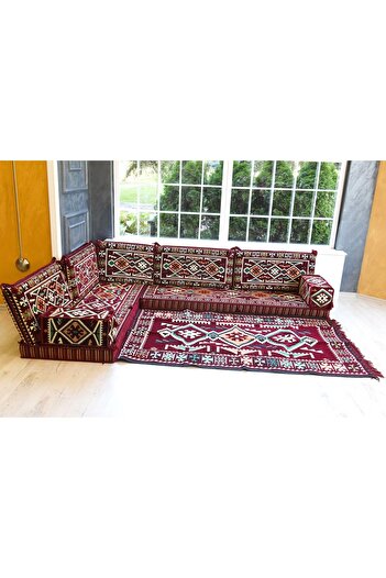 BAKIRÖZÜ HOME Şark Köşesi Odası Takımı Konsepti Bordo Anadolu Modeli Koltuk Takımı Sünger Dahil (10 Parça)