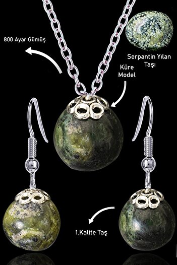 Tesbih Atölyesi Serpentine Snake Stone Necklace and Earring Set with Certified Silver Apparatus
