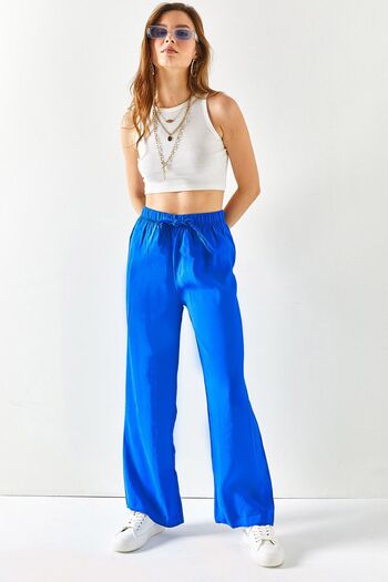 Olalook Women's Saks Blue Belted Elastic Waist Palazzo Ayrobin Trousers PNT-19000200