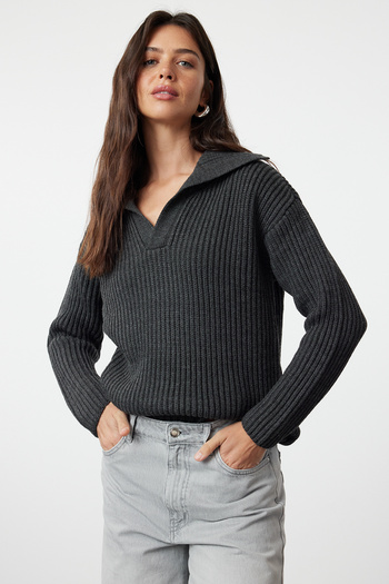 Trendyol Collection Turndown Collar Anthracite Knitwear Sweater - TWOAW25KZ00004
