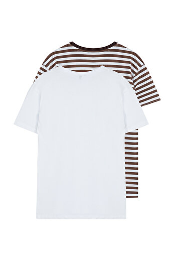Trendyol Collection 2-pacK WhiTe and Brown STriped ShorT Sleeve T-ShirTS - Regular FiT TMNSS24Ts00193