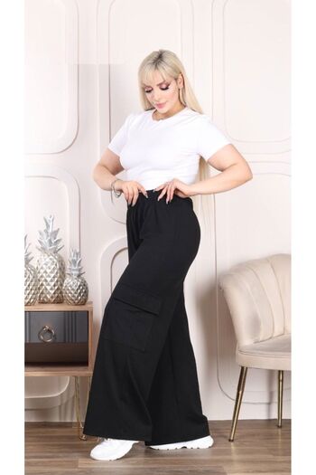 Duay giyim Women's Large Size Lycra High Waist Cargo Pocket Crepe Pants 21060 Black