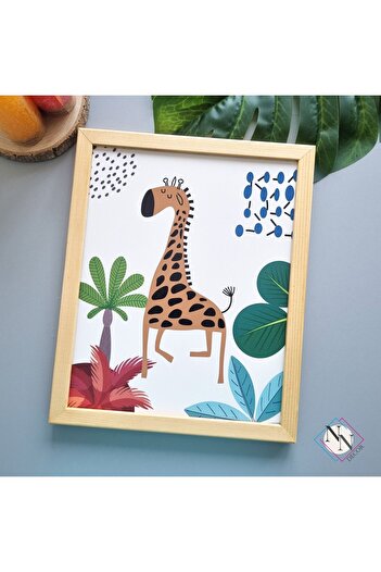 NN DECOR Maymun,Tukan,Aslan ve Zürafa 3'lü Set - Doğal Ahşap Çerçeveli, Bebek Ve Çocuk Odası Tablo Seti