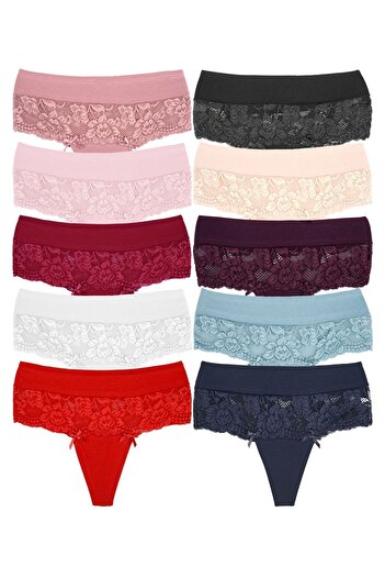 Zena 10-Piece Cotton Waist Lace Detailed High Waist Large Size Women's Thong Panties