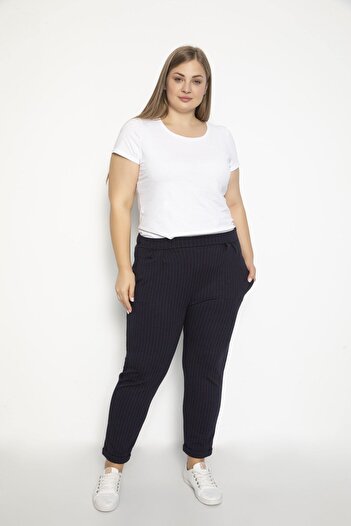 VISHENKA Jacquard Colored Lycra Large Size Women's Trousers - Navy Blue with Red Stripes