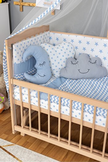 Bamgidoo Ahşap Beşik Anne Yanı Beşik Organik(Boyasız) 60x120-Mavi Yıldız 3 Yastık Uyku Seti + Yatak
