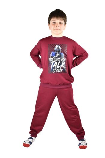 Bluence Boy's Claret Red Waiter Printed Claret Red Cotton Tracksuit Set