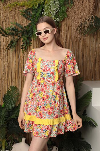 vuvutasarım Floral Print Viscose Square Neck Short Sleeve Women's Mini Dress - 24VL2297