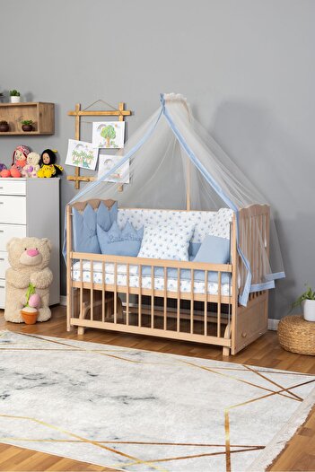Bamgidoo Ahşap Beşik Anne Yanı Beşik Organik (BOYASIZ) 60x120 - Mavi Prens (ERKEK) Uyku Seti Yatak