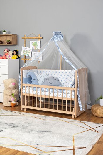Bamgidoo Ahşap Beşik Anne Yanı Beşik Organik(Boyasız) 60x120-Mavi Yıldız 3 Yastık Uyku Seti + Yatak