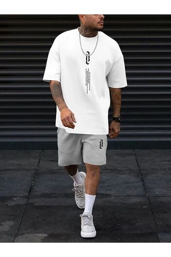 modaberry Vertical Symbol T-Shirt Shorts - White Gray Shorts T-Shirt Bottom Top Set Printed Crew Neck