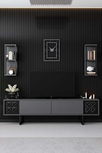Modatte Black Line Demir Ayaklı Antrasit Tv Ünitesi Tv Sehpası