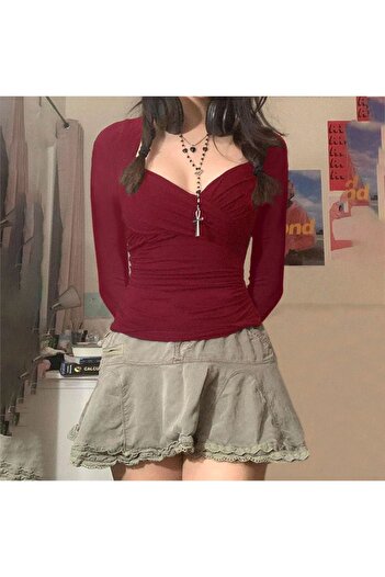 Köstebek Low-cut Gathering Sweetheart Neck Long Sleeve Half Blouse