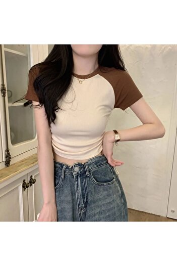 Köstebek Brown Beige Raglan Short Sleeve Half Tshirt
