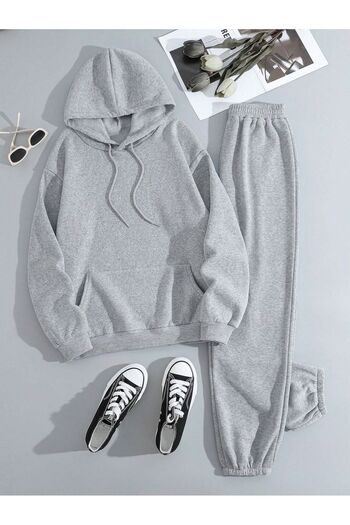 Trendglow Σετ αθλητικής φόρμας χωρίς στάμπα Sweatshirt Jogger - Γκρι Oversize Φούτερ με κουκούλα
