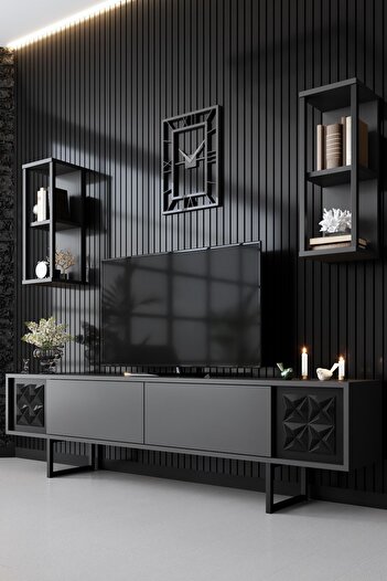 Modatte Black Line Demir Ayaklı Antrasit Tv Ünitesi Tv Sehpası