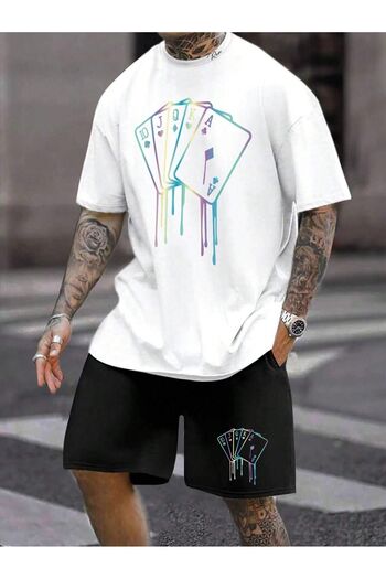 SeusCraft Colorful Card T-Shirt Shorts - White Black Bottom Top Team Shorts T-Shirt Combo Printed Crew Neck