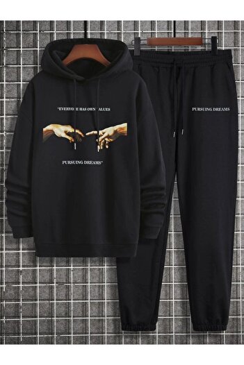 modaberry Σετ φόρμας Michelangelo Pursuing Combination Bottom Top - Μαύρη στάμπα Oversize Λαστιχένια κουκούλα στα πόδια