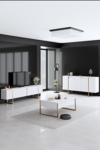 Modatte Luxe Gold Demir Ayaklı Beyaz Tv Sehpası Tv Ünitesi Tymd252