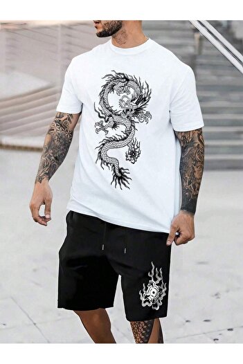 modaberry Dragon Pattern T-Shirt Shorts - White with Black Shorts T-Shirt Top and Bottom Set Printed Crew Neck