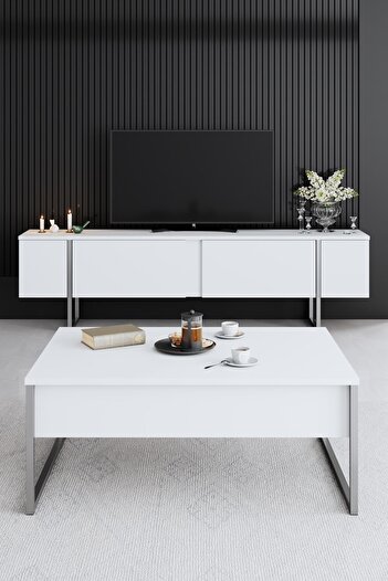 Modatte Luxe Gümüş Demir Ayaklı Beyaz Tv Sehpası Tv Ünitesi