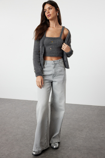 Trendyol Collection Anthracite Knitwear Blouse and Cardigan Set - Feather/Beard Rope Twoaw22Hi0055