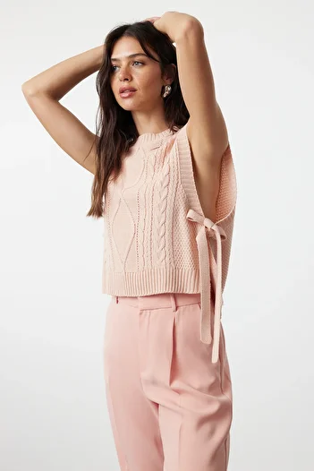 Trendyol Collection Pink Knitwear Crop Sweater - Side Bow Tie Twoaw22Sv0058