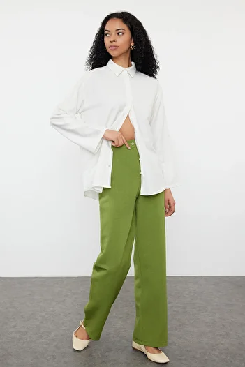 Trendyol Collection Khaki Straight Cut Linen Woven Trousers - TWOSS24PL00163