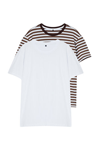 Trendyol Collection 2-pacK WhiTe and Brown STriped ShorT Sleeve T-ShirTS - Regular FiT TMNSS24Ts00193