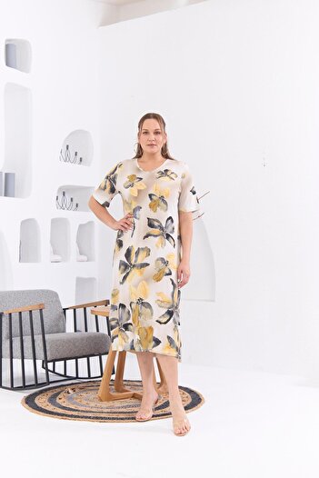 RMG Plus Size Yellow Floral Patterned Dress