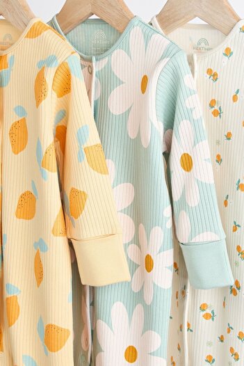 Next Baby 100 Cotton Yellow Lemon Floral Patterned 3 Piece sleep suit