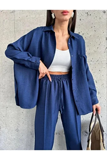 İkmal Women's Blue Double Linen Shirt Pants Bottom Top Set