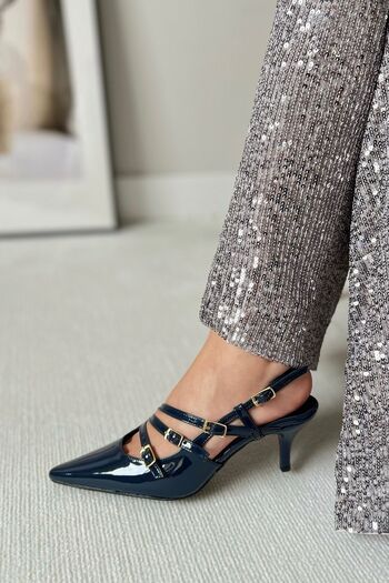 POLKA STORE Obsession Triple Pointed Toe Three-Striped Buckle Navy Blue Patent Leather Heeled Women's Shoes
